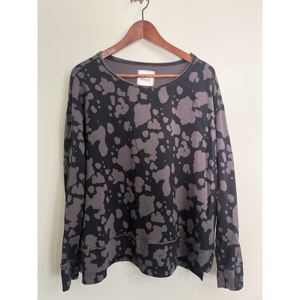 Rachel Hollis Gray Black Cow Print Pullover Sweatshirt Raw Hem Relaxed Fit Large
